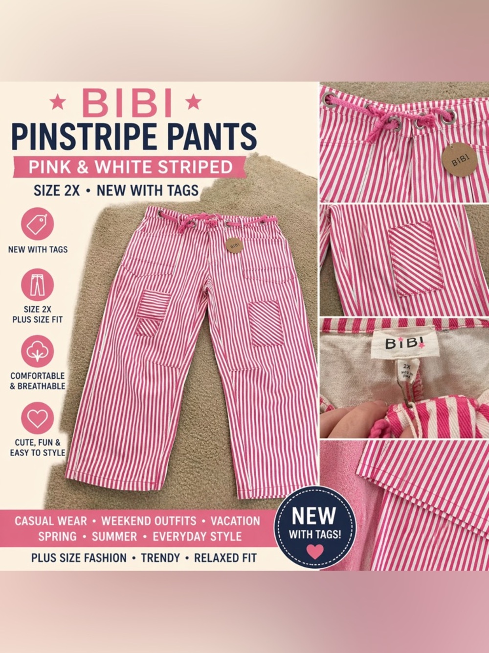 BiBi Pink & White Pinstripe women’s plus size Pants